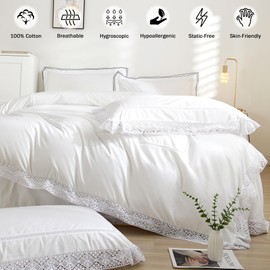 Ranznaz White Duvet Cover Queen Size Only, 100% Cotton Duvet Covers with Lace Trim, Breathable Soft Lightweight Bedding for All Season, 90x90 Inches