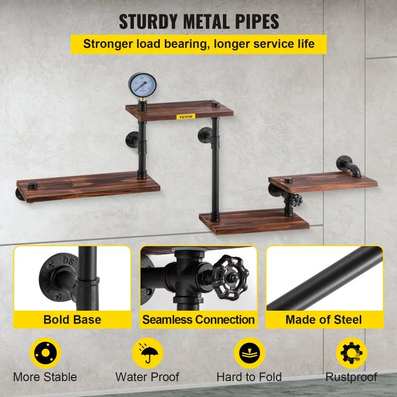 Industrial Pipe Shelving, Pipe Shelves with 4-Tier Wood Planks, Rustic