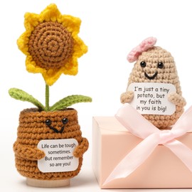 EliteSign Positive Potato Crochet & Crochet Sunflower Set, 2 Pack Positive Crochet Animals Already Made with Gift Box, Small Crochet Stuffed Animal, Funny Desk Decor Gifts for Women & Men