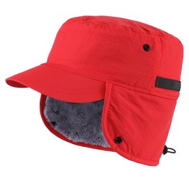 Magracy Outdoor Men's Winter Baseball Cap with Visor Warm Earflap Hat Faux Fur Trapper Hunting Hat Ski Snow Red