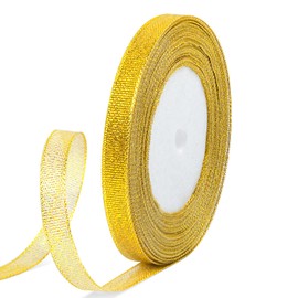 Quhora 3/8" X 25 Yards Gold Glitter Ribbon, Sparkly Metallic Fabric Ribbon for Crafts, Gift Wrapping, Wedding, Christmas Decoration
