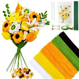 YYUENGTAK 500 Pcs Yellow Pipe Cleaners Flower kit with tutoria,Pipe Cleaners Craft(5 Colors),sunflower,Chenille Stems Flowers Craft kit with 20 pcs Floral Wires,Gardening Tape,Stamen(2 Colors),pompoms
