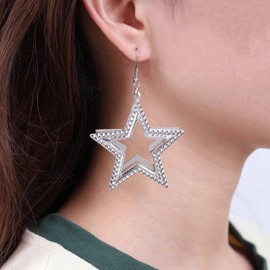 Erimberate Bohemian Star Dangle Earrings Silver Hollow Star Drop Earrings Large Hammered Star Hook Earrings Statement Metal Star Earrings Jewelry for Women Gifts