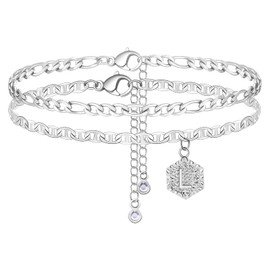Silver Layered Initial Ankle Bracelets for Women Name Anklet with Initials Cuban Letter Chain Anklets Cute Mariner Link Anklets A-Z Foot Jewelry (L)
