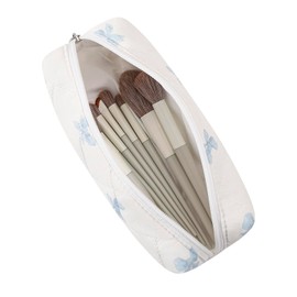 HHQQWZ Cute Floral Cotton Makeup Brush Cosmetic Bag for Women, Travel Quilted Zipper Make Up Bag, Flowers Toiletry Organizer Case Kawaii Makeup Cosmetic Travel Cloth Pouch (Blue Bow Tie)