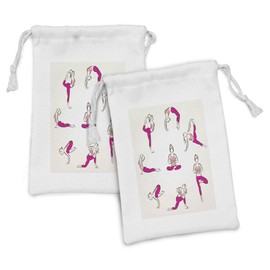 Ambesonne Sports Theme Fabric Pouch Set of 2, Woman Doing Exercise Pilates Poses Fitness Gymnastics Concept, Small Drawstring Bag for Toiletries Masks and Favors, 9" x 6", Off White Blush and Pink