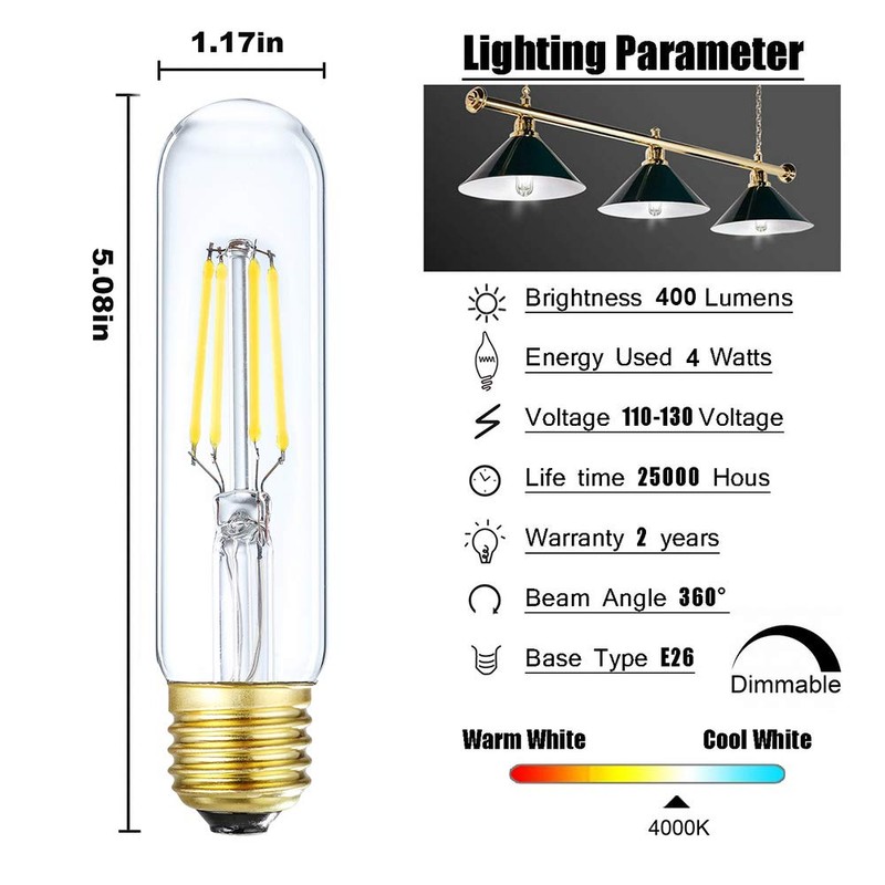Leools Dimmable Edison Led Tubular Bulb T10,4W Vintage Led Filament