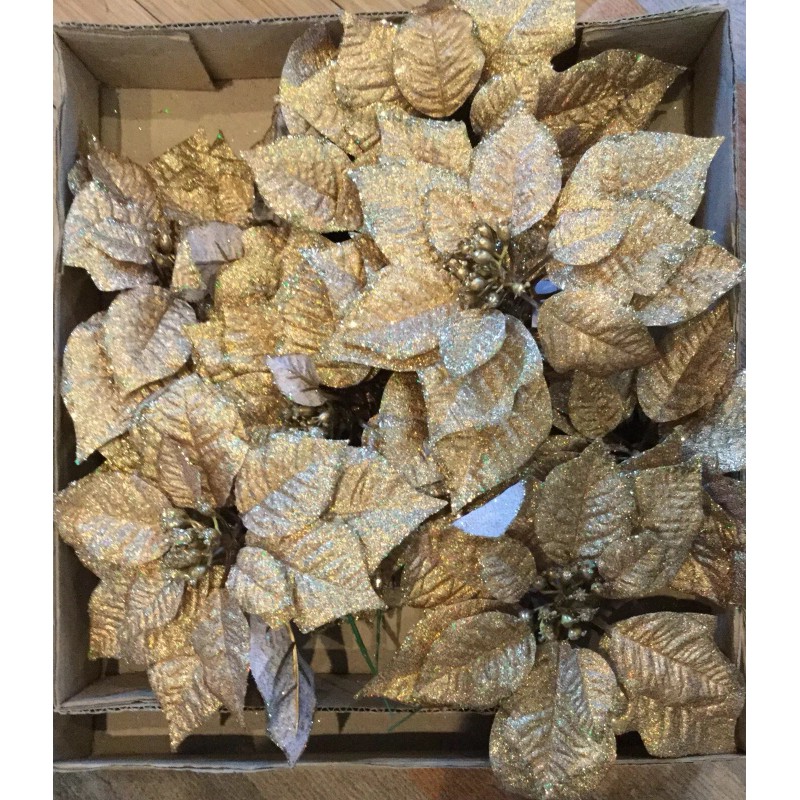 Large Vintage Christmas Gold Glitter Poinsettia Ornaments 8” X 8”