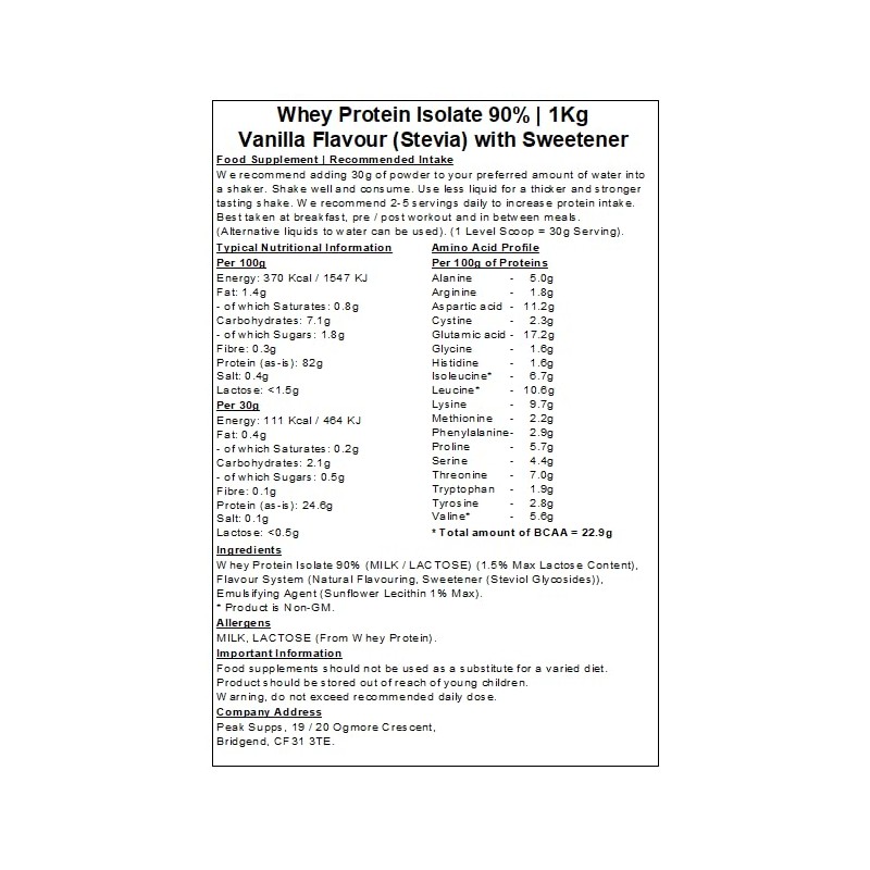 Whey Protein Isolate 90% - Vanilla Stevia Flavour (1kg)