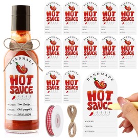 Humyoun 24 Pcs Christmas Hot Sauce Labels Spicy Sauce Stickers 3 x 2 Inch Homemade Hot Sauce Labels Bottle Labels with Ribbon and Rope for 4 oz or 8 oz Bottles for Christmas Gifts(Red,Fashion)