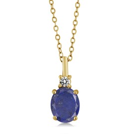 Gem Stone King 18K Yellow Gold Plated Silver Blue Lapis and White Diamond Pendant Necklace For Women (2.07 Cttw, Gemstone Birthstone, Oval 9X7MM, with 18 Inch Silver Chain)