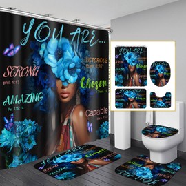 Omebero Black African Flower Woman Shower Curtain Set, Blue Art Words Bathroom Set with Shower Curtain and Rugs, Toilet Lid Cover, Bath Mat,Waterproof Fabric Shower Curtains and Hooks for Bathroom