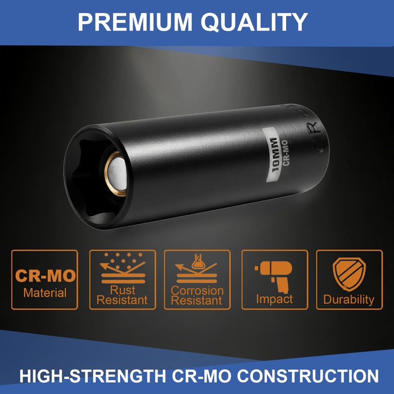 1/4" Drive 10mm Deep Magnetic Impact Socket Set, 6-Point, Cr-Mo