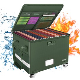 File Box with Wheels,ENGPOW Fireproof Document Box with Lock,Collapsible Rolling File Organizer Storage Box Filing Cabinet with Pockets,Portable Home Office Safe Storage Box for Hanging Folders,Green