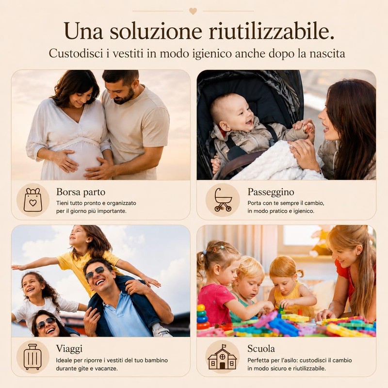 10 Bustine Corredino Neonato con Zip - Sacchetti Satinati Riutilizzabili