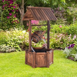 HAPPYGRILL Outdoor Wishing Well Water Fountain, Old-Fashioned Wood Waterfall Fountain with Bucket Pump, Rustic Farmhouse Decoration for Garden Backyard