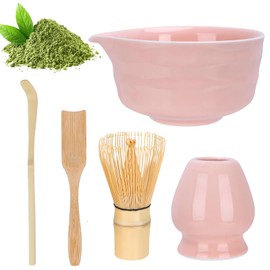 LIIGOU Pink Matcha Whisk Set 5PCS Matcha Kit with Bamboo Matcha Whisk & Scoop Ceramic Matcha Bowl & Holder Matcha Tea Set Accessories for Traditional Japanese Ceremony Tea Gift for Matcha Lover