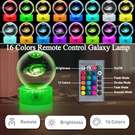 Fanrui 3D Galaxy Crystal Ball with Colorful Led Base, 16 Colors & Remote & Dimmer, 80mm Clear Glass Balls Space Astronomy Holiday Xmas Gifts for Her Him Birthday Women Mom Dad Funny Night Light