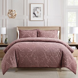 Sunshine Nicole Velvet Jacquard Comforter Set, Velvet Jacquard Face and Brushed Solid Microfiber Reverse, with Light Weight Soft Poly Fill, 3 Pieces Dusty Mauve, King