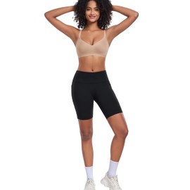 ANGOOL Women's Bra Without Underwire Medium Support Sports Bra Back Closure Adjustable Straps Classic Sleep Bra Padded V-Neck Seamless, beige, M