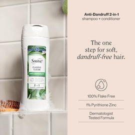 Suave Champú y acondicionador 2 en 1 anticaspa para mujeres, limpieza clásica, tratamiento de caspa de zinc piritiona al 1%, controla escamas, picazón