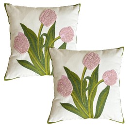 Cushion Cover 45 x 45 cm Spring Cotton Set of 2 Cushion Covers Floral Spring Decorative Cushion Covers Pink Boho Decorative Cushion Covers Cushion Tulip Sofa Cushion Cover for Home Decoration (Pink)