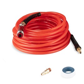 Air Compressor Hose 1/4 Inch × 50 ft Flexible Reinforced Polyurethane (PU) Air Hose 300 PSI, Bend Restrictor, 1/4'' Air Hook for Nailer, 5 IN 1Universal Swivel Air Fitting (red）
