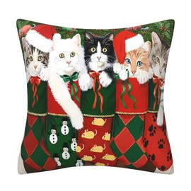 DILOXNSU Christmas Decorations Cat Cushion Covers 45 x 45 cm Christmas Hat kitty in Socks Velvet Square Double Sided Decorative Pillows Cover for Sofa Bed Home Cushions Covers 18 x 18 inch