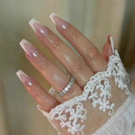 Qsnidy Pearlescent Press on Nails Medium, Glazed White French Fake Nails Coffin Chrome Acrylic Press Ons for Women, Natural Fit Full Cover Glue on Nails in 12 Sizes - 24 Pieces Nail Kit