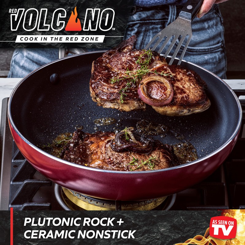 Red Volcano Textured Ceramic Nonstick, 11" Flat Bottom Wok Stir-Fry