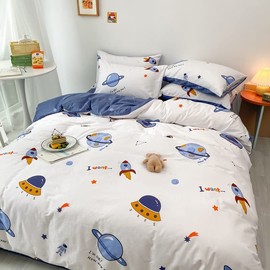 HAVOP 100% Cotton Duvet Cover Single Size Kids Boys Girls Cartoon Space Bedding Set Rocket Planet Stars Printed Quilt Cover Set White And Blue All Season Bedding Set, 135×200 cm