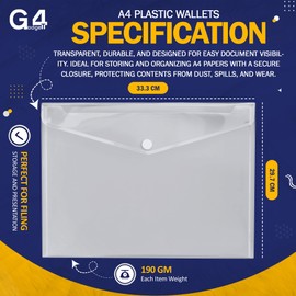 G4GADGET A4 Clear Plastic Wallets – Pack of Popper Document Folders with Label Pocket & Snap Button – Transparent Plastic Envelope for Home, Office, School & Travel (20)