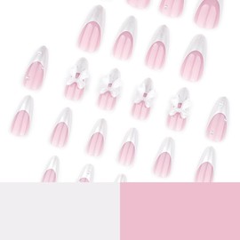 24 Pcs White French Tip Press on Nails Medium Almond Fake Nails with Pearl Designs Bow False Nails Stick on Nails Full Cover Acrylic Nail Tips Glue on Nails for Women Nail Decoration