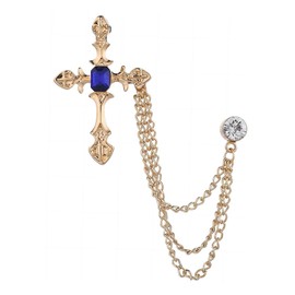 vintage Gold Cross Brooch Suit Lapel Pin for Men Long Tassel Chain Brooch Red/Blue Large Crystal Rhinestone Cross Brooch Formal Dress Accessories (Blue)