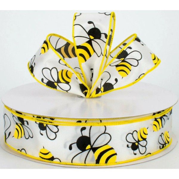 1.5" wired ribbon yellow black honey bumble bee white satin