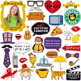 35pcs Friends Themed Party Photo Booth Props, Friends Selfie Frame with Friends TV Show Party Photo Props, Friends Themed Birthday Bachelorette Party Decorations Friends Party Supplies