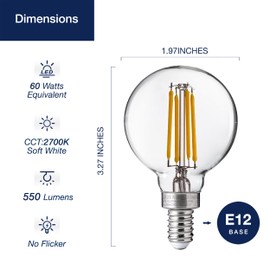 FLSNT 60W Equivalent LED Globe Candelabra Bulbs, Dimmable G16.5 LED E12 Chandelier Light Bulbs, 550LM, CRI90, 5.5W, AC 120V, 12 Pack, 2700K Soft White