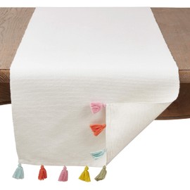 Tassel Long Table Runner Cream Modern Contemporary Cotton