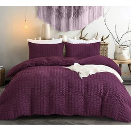 Purple Double Size Bedding Set Classic Seersucker Duvet Cover Set Puckering Pinch Pleat Duvet Cover Set,with 2 Pillowcases and Zipper Closure,200x200 cm