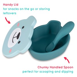 TUM TUM Baby & Toddler Stay Put Suction Bowl with Lid & Spoon - Baby Led Weaning Bowl - Dishwasher Steriliser & Freezer Friendly - 6m+ - Boris Bear - Blue