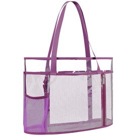 TINYAT Large Mesh Beach Bag for Women Transparent Tote Bag Shoulder Bag with Waterproof Zipper Pocket Clear Swim Bag for Holiday, Purple/905
