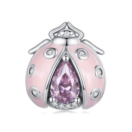 NINGAN 925 Sterling Silver Pink ladybird Beads Shiny Zircon Charm for Women Bracelets Gifts for Children Family Friends