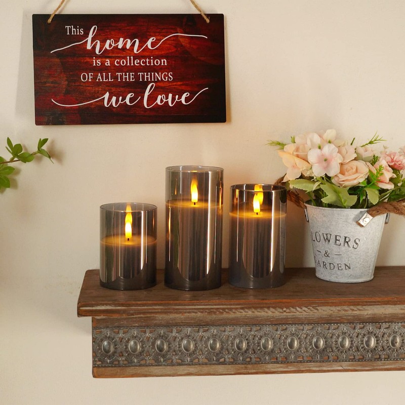 Homemory Grey Glass Flameless Candles, Battery Operated LED Pillar Candles