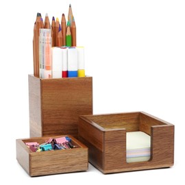 RAWILL 3 PCS Brown Wooden Desk Organizer Set Pine Wood Office Desk Accessories with Pen Holder, Paperclip Storage and Sticky Note Holder, Wood Grain Clear, Ideal Gift for Office and Family