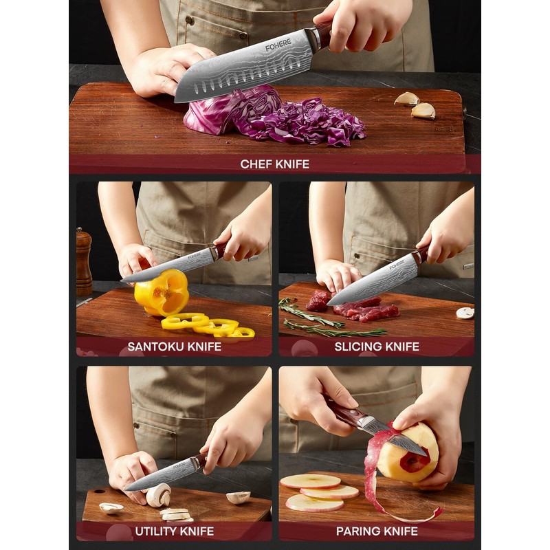 FOHERE Kitchen Knife Set with Ergonomic Red Pakkawood Handle, 5