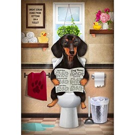 graman Retro Metal Aluminium Tin Sign Funny dog is sitting on the toilet and reading the newspaper,Funny Toilet Metal Sign Bathroom Wall Art Home Decor 8X12Inch