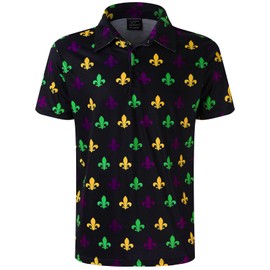 Men's Mardi Gras Polo Shirt Fleur De Lis Purple Gold Green Rugby Button Down Golf Outfit, Black, XXX-Large