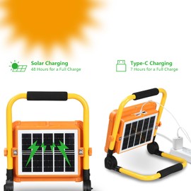 Xapolu Solar Led Work Light Rechargeable with Stand, Type C and Solar Charging, Porable Flood Light IP66 Weatherproof with Li Battery, 4 Lighting Modes Camping Shop Light