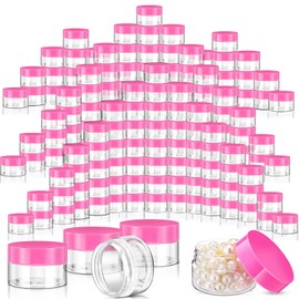 SATINIOR 100 Pcs Plastic Jars with Lids Small Containers with Lids Wide Mouth Small Plastic Containers for Lotion Cream Rhinestones Body Butters Travel Storage(Clear with Pink Lid,1 oz)