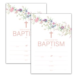 Baptism Invitations with Envelopes, Wildflower, Floral Greenery, Invites for First Communion, Christening, Religious Celebration & Reconciliation, Baby Dedication (XLyqk-005)